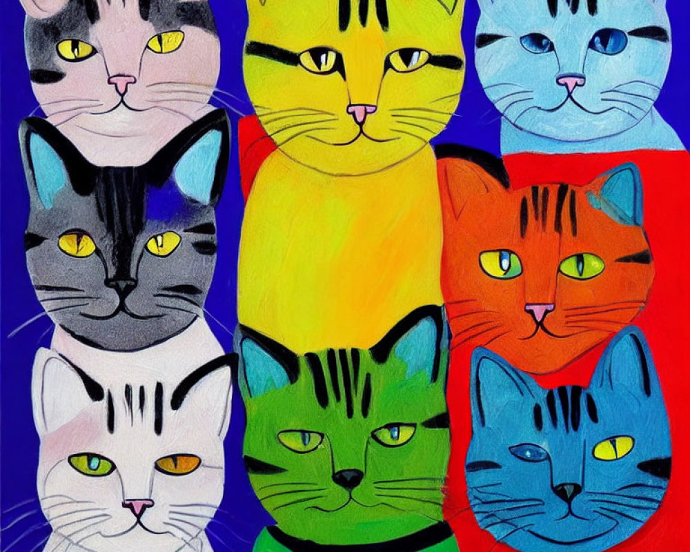 Nine Colorful Cartoon Cats with Expressive Faces on Blue Background