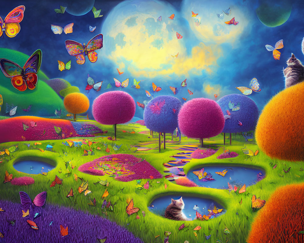 Colorful Fantasy Landscape with Trees, Hills, Butterflies, Cats, Moon & Stars