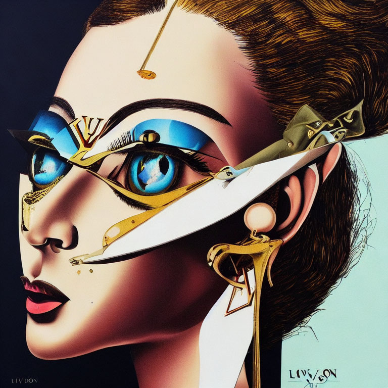 Surreal illustration of woman's face with mechanical elements & vibrant blue eyeshadow