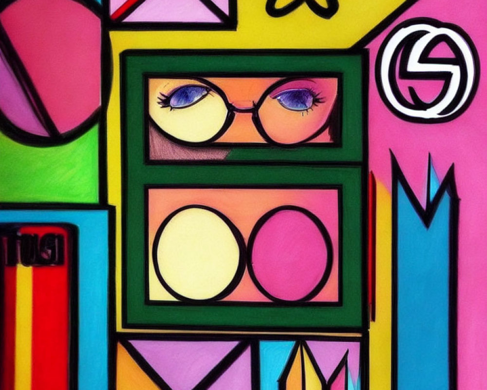 Colorful geometric abstract painting with stylized eyes and glasses in vibrant hues