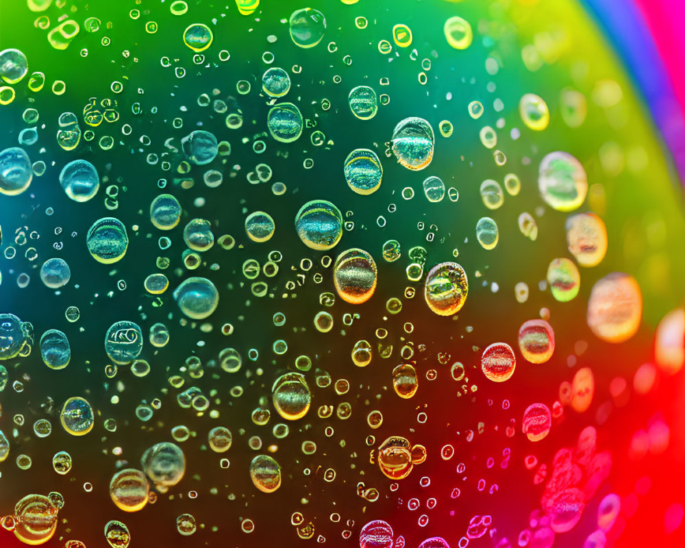 Vibrant rainbow-colored bubbles with light reflections in close-up view