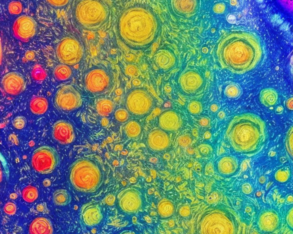 Vibrant abstract pattern with swirling circles and bubbles in blue, green, yellow, and pink hues