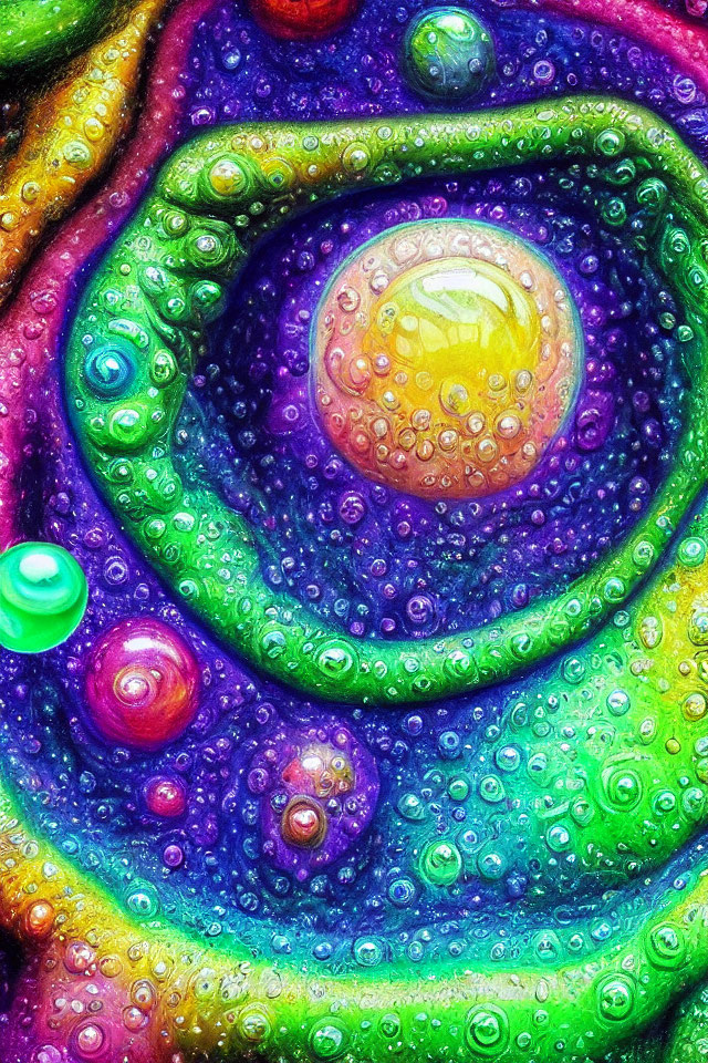 Colorful close-up of spiral pattern with water droplets for a psychedelic look