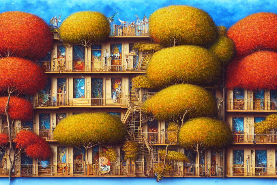 Whimsical building with tree-like structures and balconies under blue sky