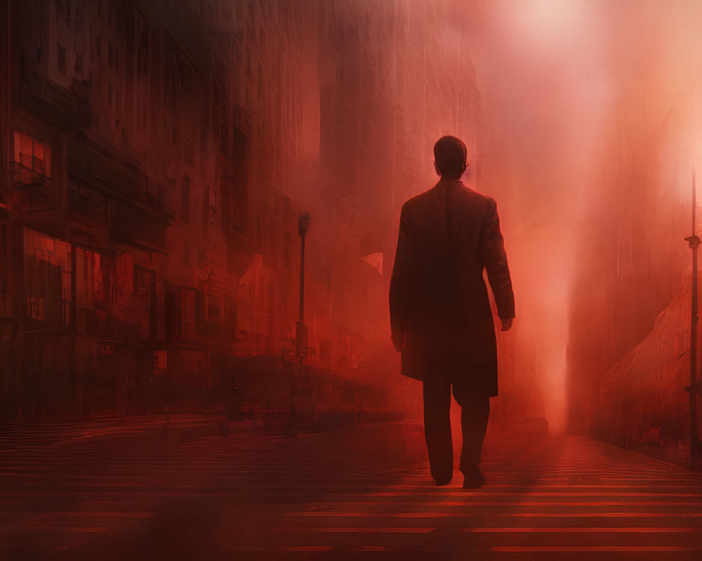 Person in coat stands in eerie, foggy street with red lighting and shadowy buildings