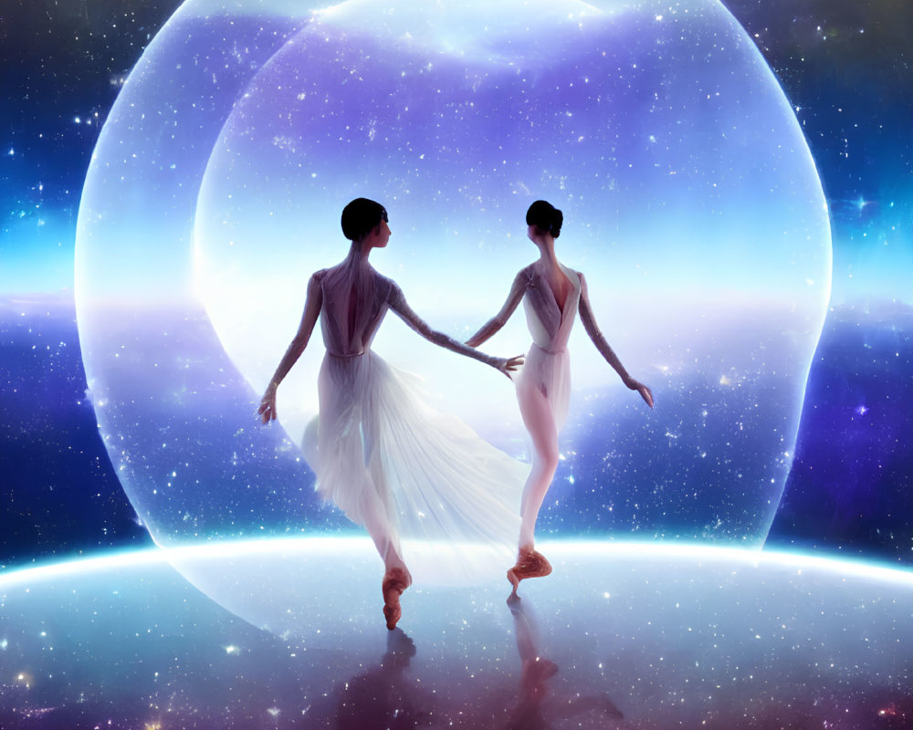 Silhouetted ballet dancers against cosmic backdrop with glowing orb
