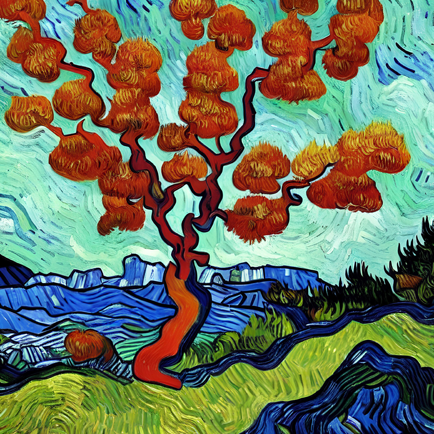 Colorful Van Gogh-style painting: swirling blue sky, red tree, orange foliage, green hills