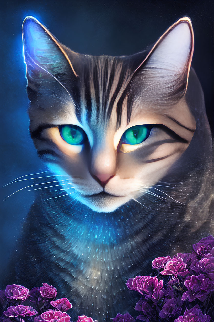 Close-up Digital Artwork: Blue-Furred Cat with Green Eyes and Purple Roses