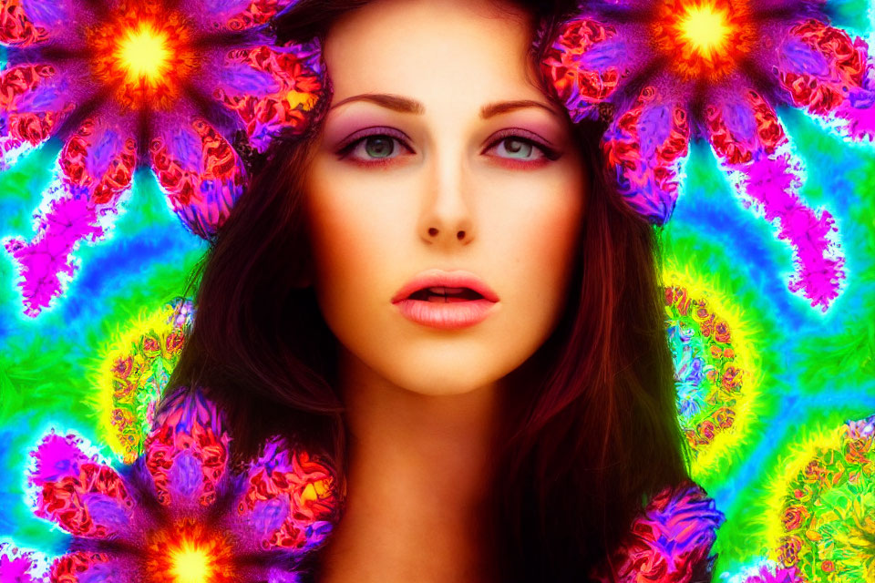 Prominent makeup woman on colorful fractal pattern