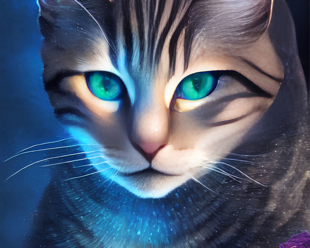 Close-up Digital Artwork: Blue-Furred Cat with Green Eyes and Purple Roses