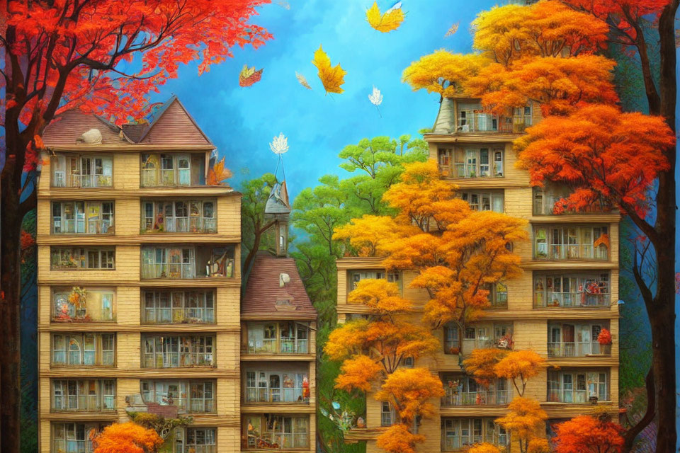 Symmetric multi-story buildings in vibrant autumn setting with red and orange foliage.