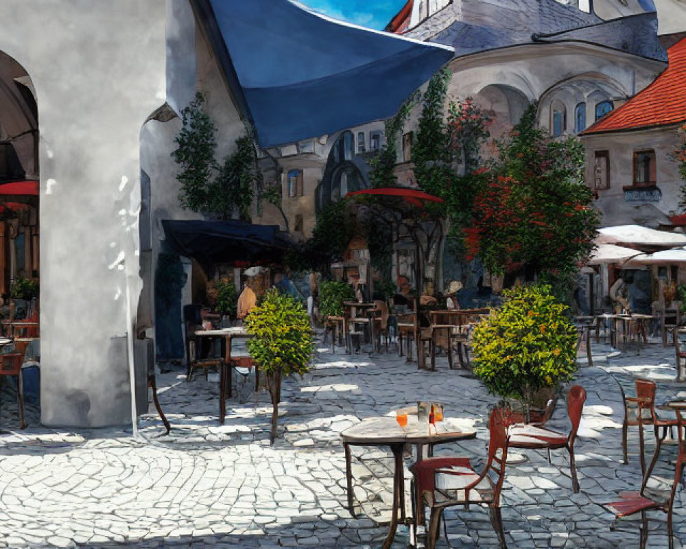 European-Style Cobblestone Street with Outdoor Cafe Seating