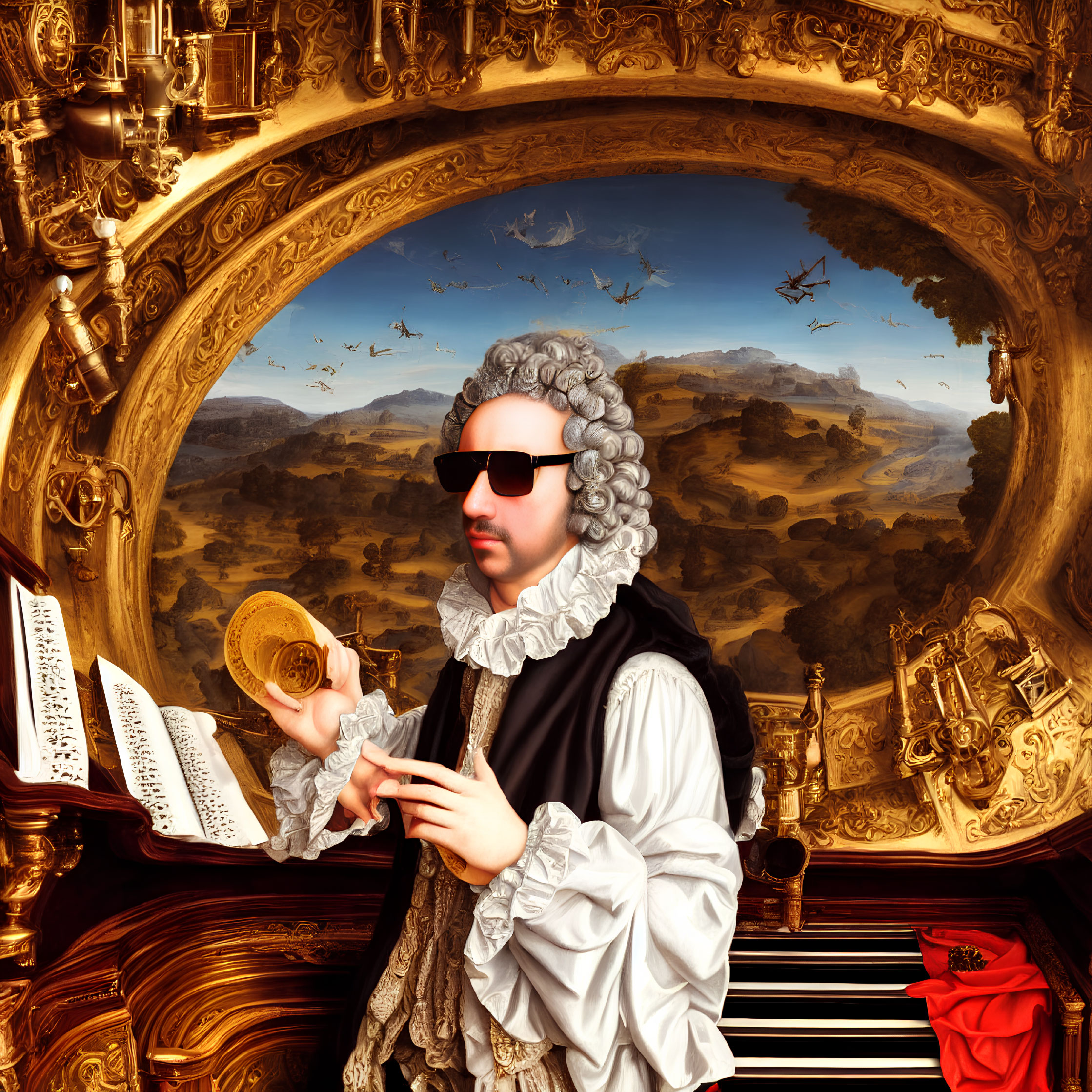 Man in historical attire with sunglasses holding a golden disc in modern twist portrait.