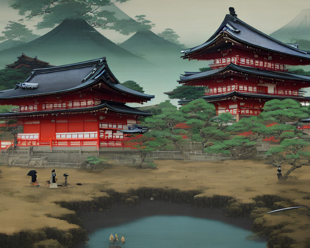 Japanese Landscape: Red Pagodas, Kimono-clad Figures, Pond, Trees, Mountain