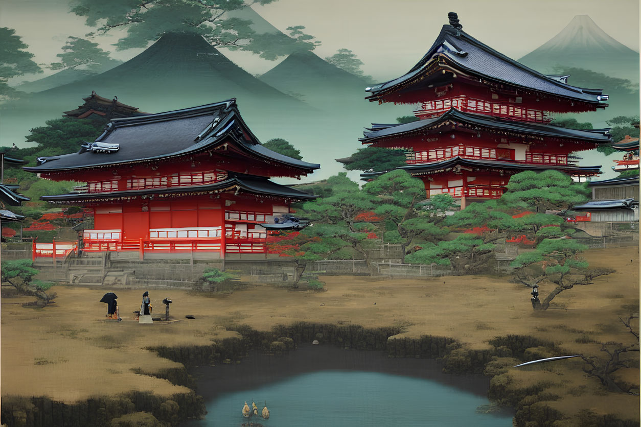 Japanese Landscape: Red Pagodas, Kimono-clad Figures, Pond, Trees, Mountain
