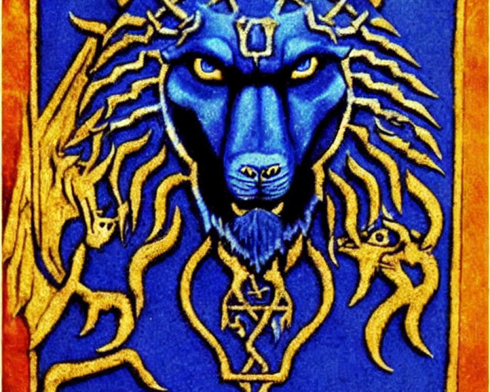 Detailed Stylized Lion Illustration in Vibrant Blue and Gold