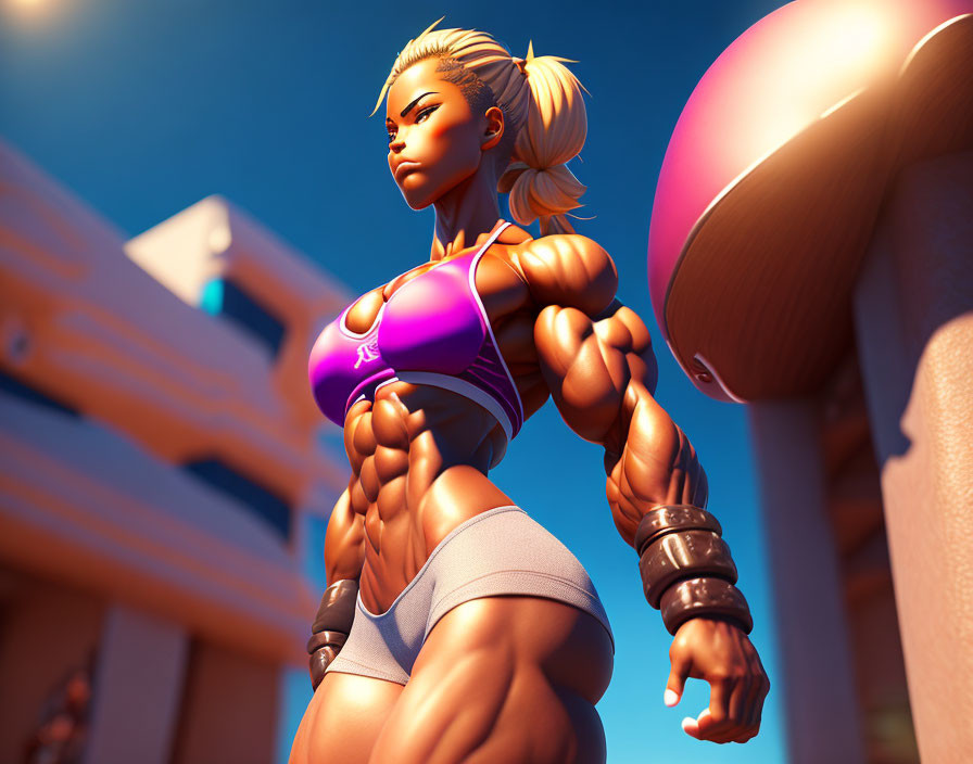 Muscular female character in sports attire with weightlifting accessories