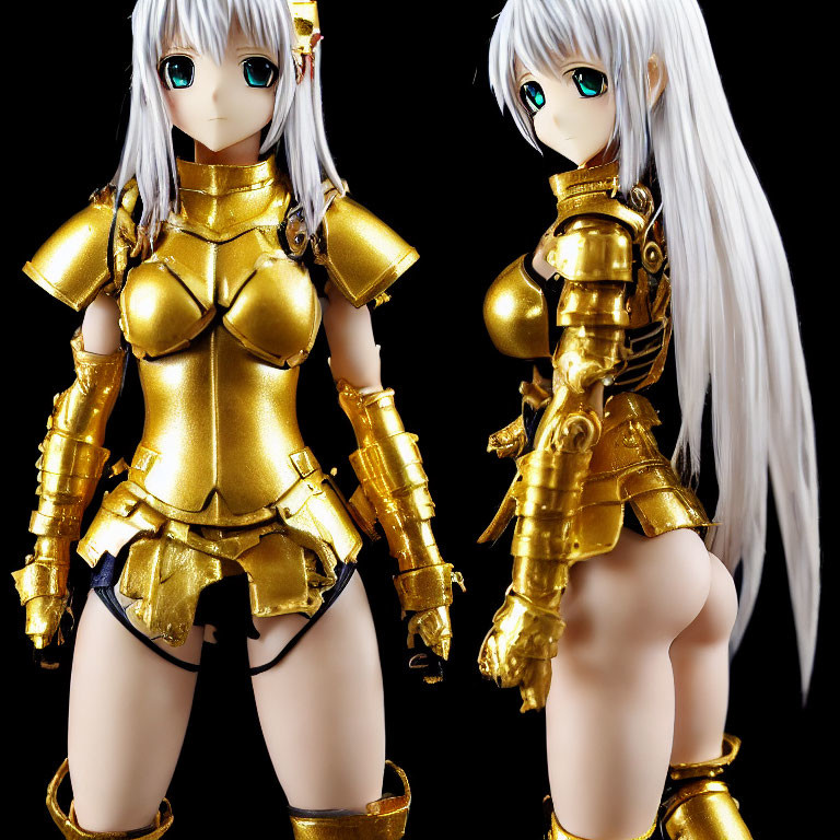 Female character in gold armor with silver hair and red eyes in two angles