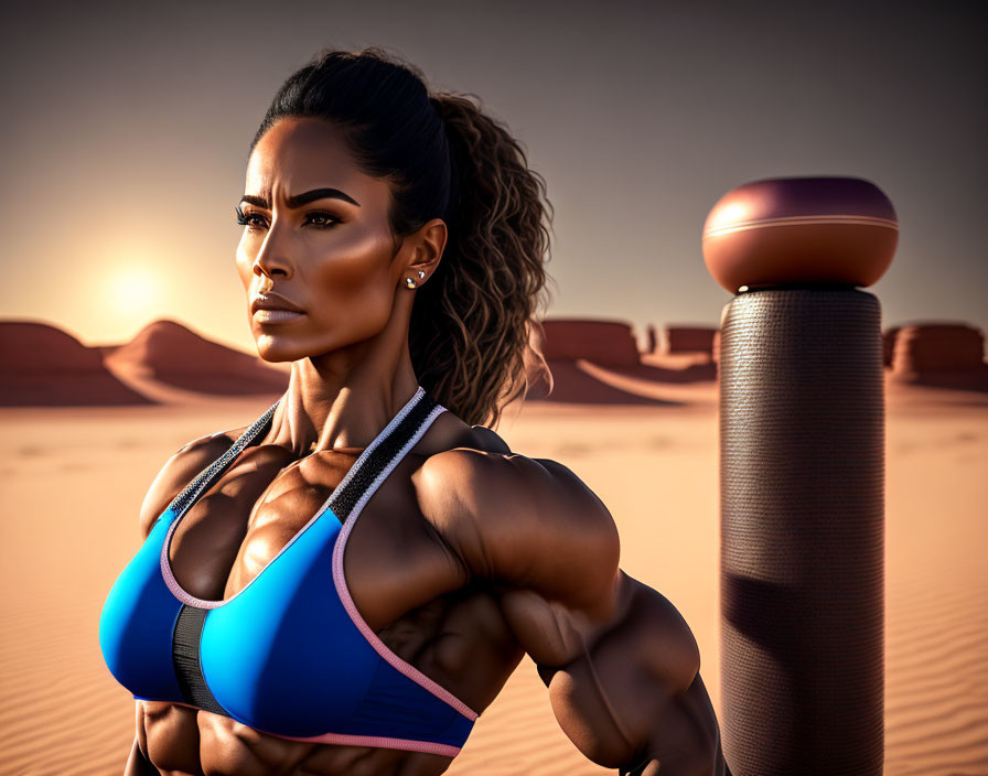 Muscular woman in athletic wear with punching bag in desert at sunset