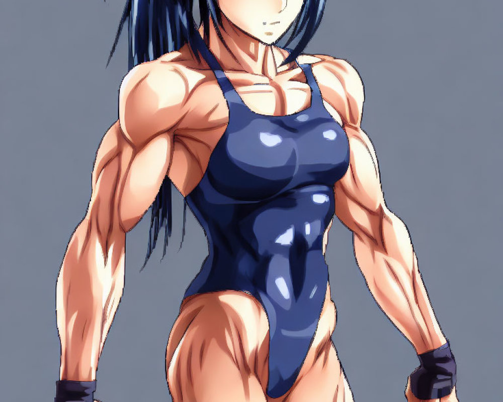 Blue-haired muscular animated character in blue bodysuit and black gloves striking intense pose