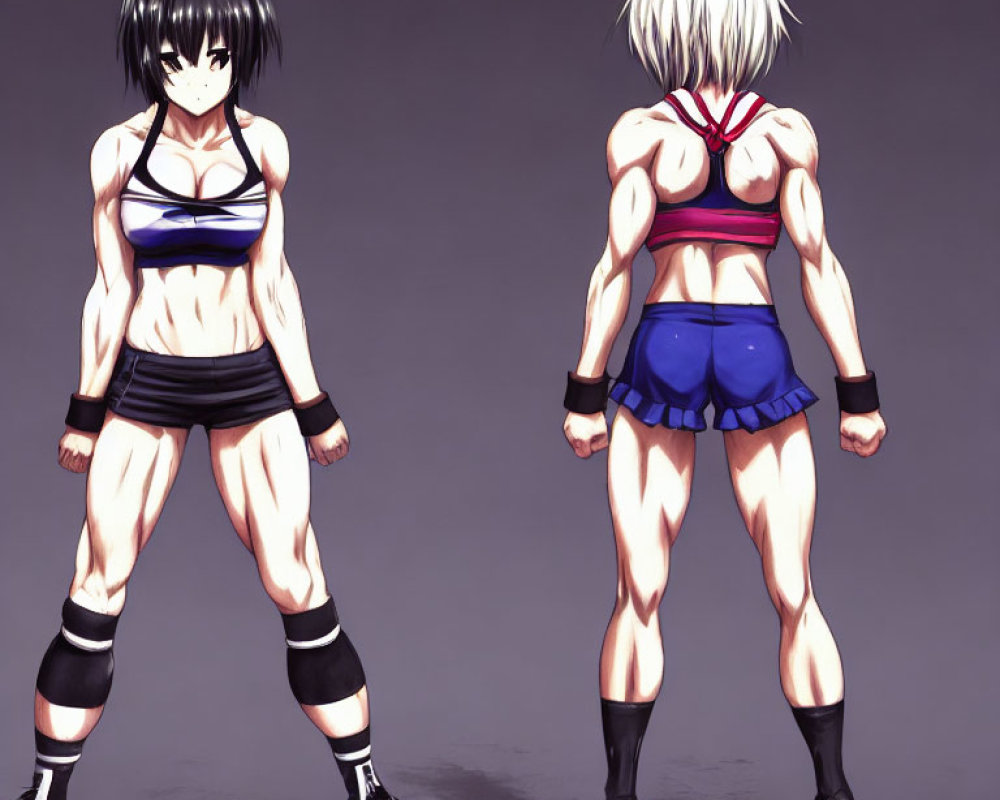 Anime-style female characters with black and white hair in sporty attire