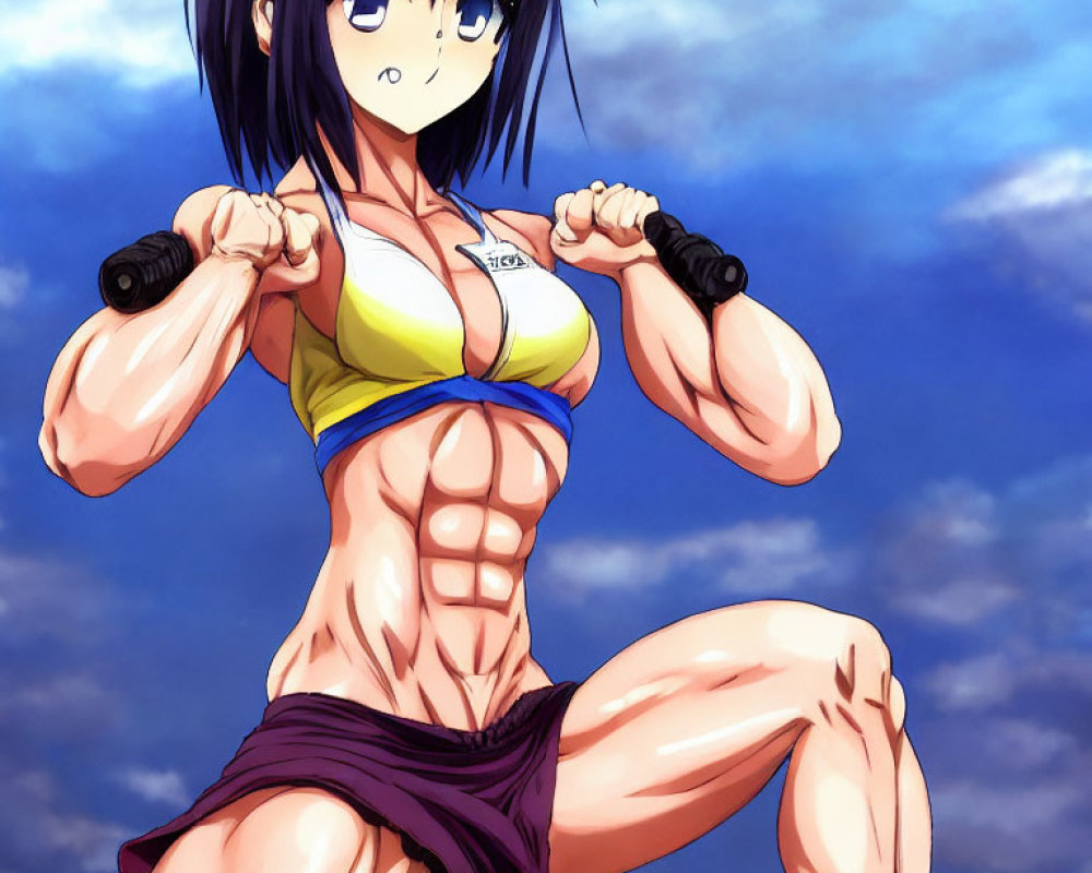 Muscular anime character in yellow sports bra and purple shorts under blue sky