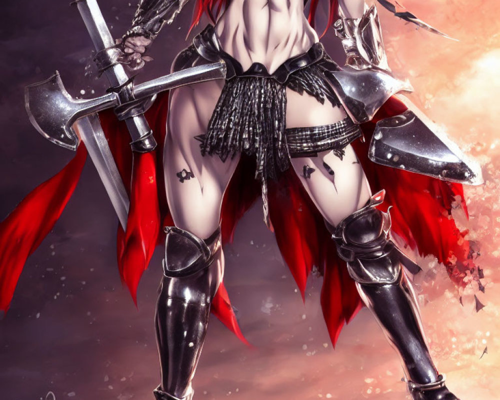 Red-winged warrior in silver armor wields battleaxe on dark backdrop
