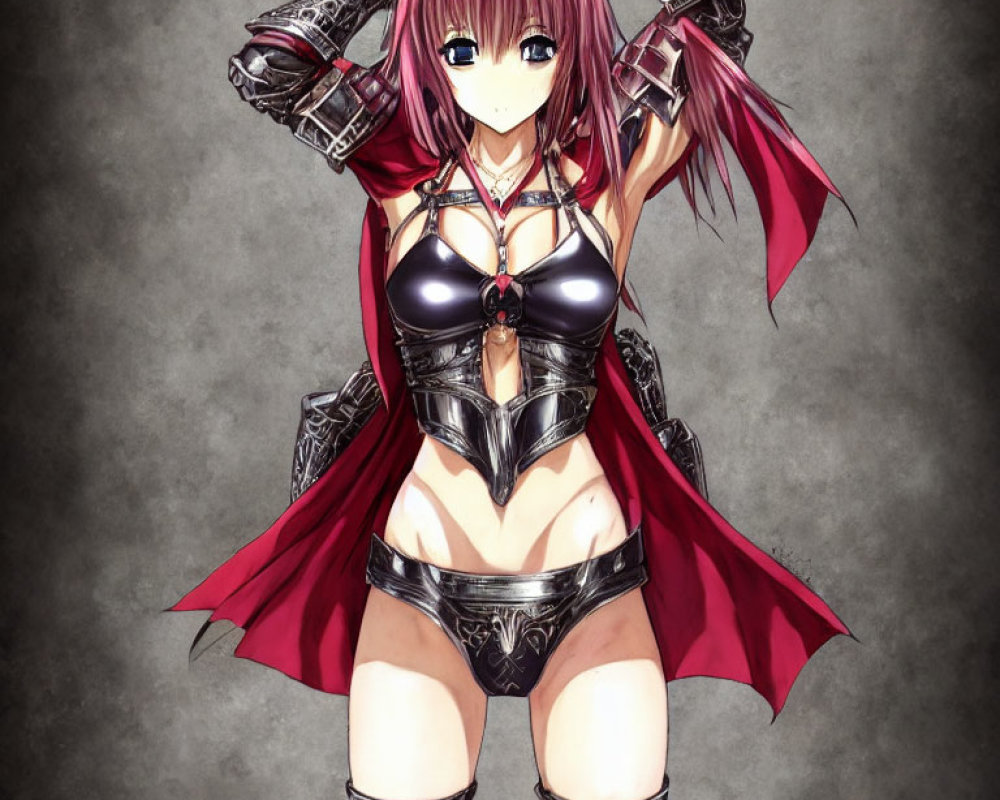 Pink-haired anime character in black and silver armor with red cloak