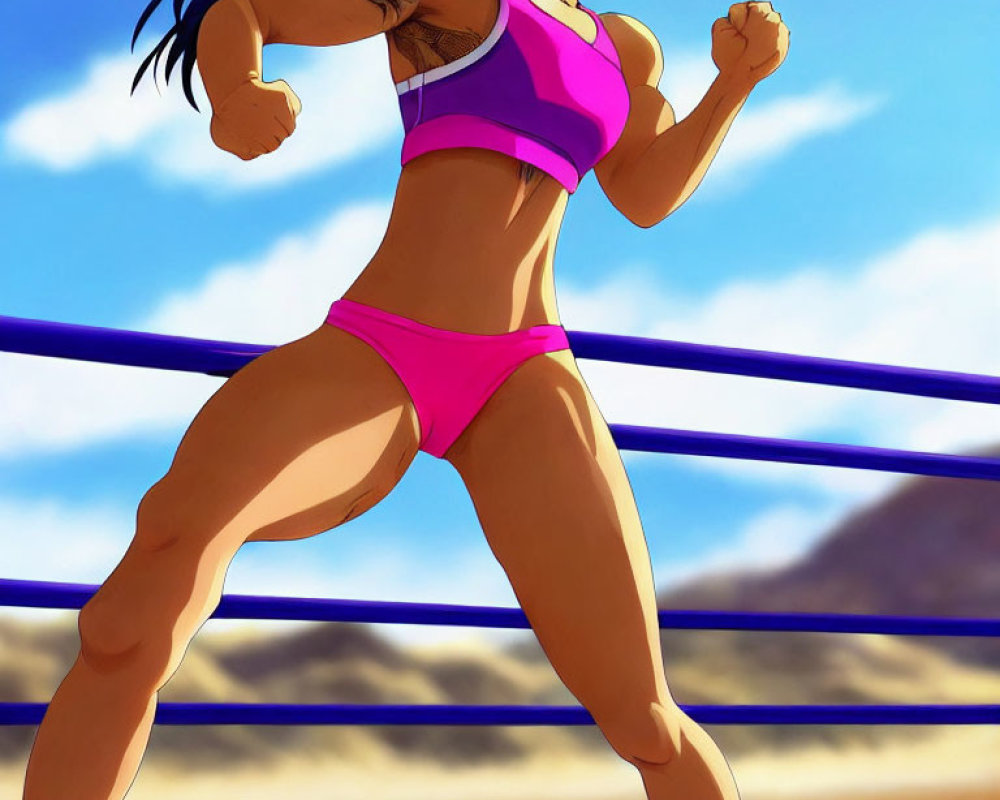Muscular animated woman in pink sports outfit running on track
