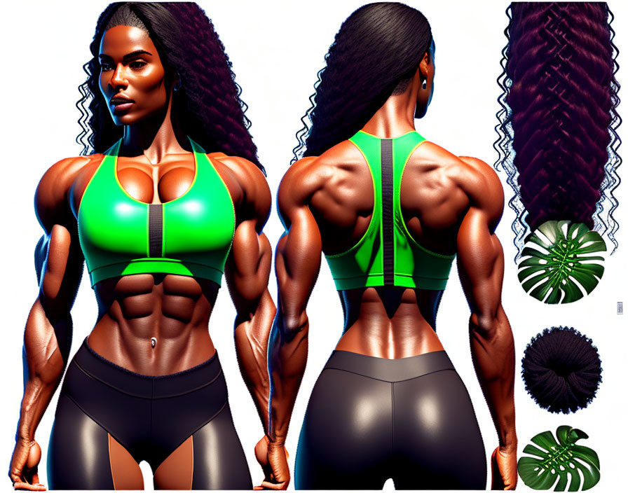 Digital illustration of fit woman in green and black sports outfit displaying front and back muscular physique in dual pose