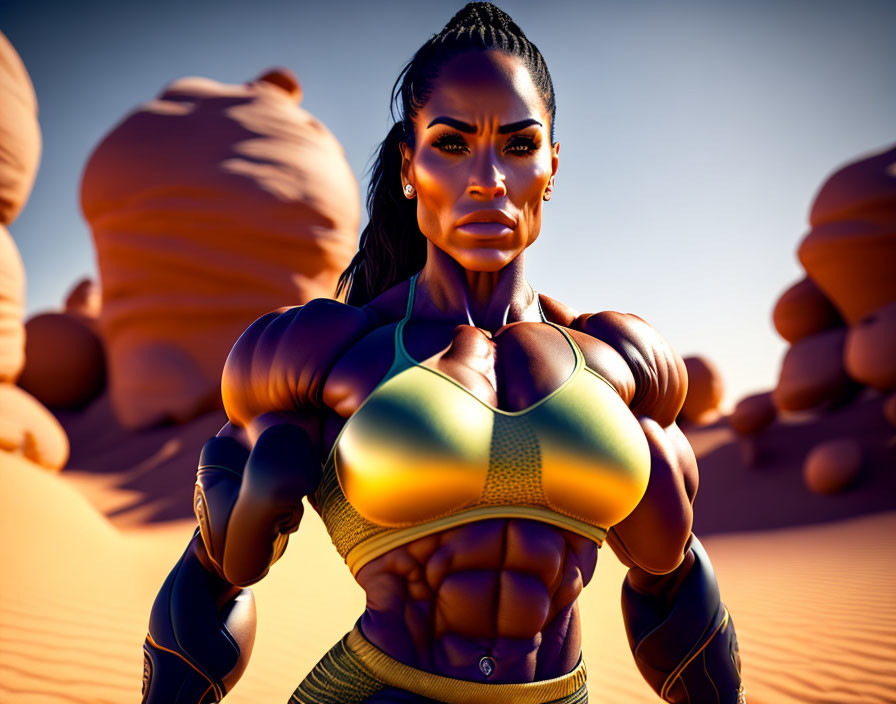 Muscular Female Character in Yellow and Black Suit Flexing in Desert