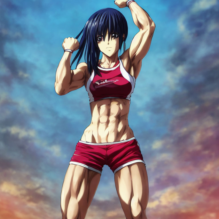 Blue-haired muscular character in red sports attire flexes under dramatic sky