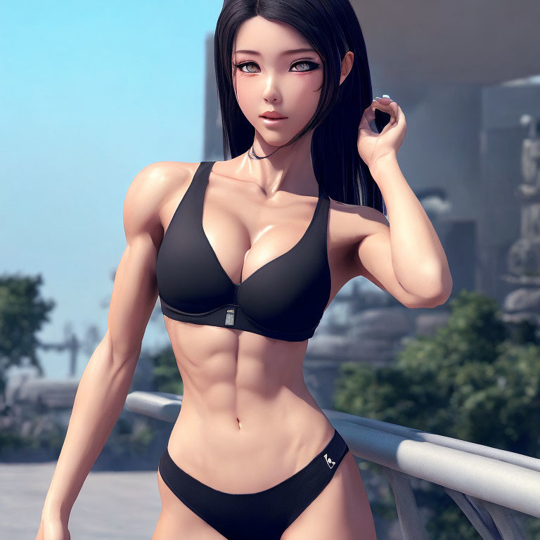 3D-rendered female character with long black hair in black sports attire outdoors