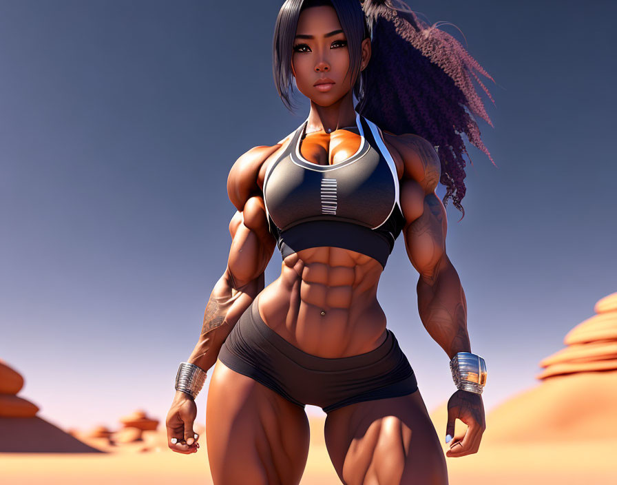 Muscular woman with purple hair in desert landscape wearing sportswear.