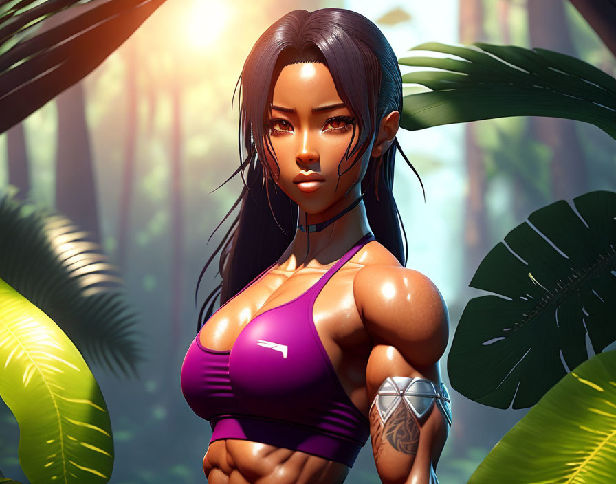 Stylized digital artwork: Athletic woman in pink sports top against tropical backdrop