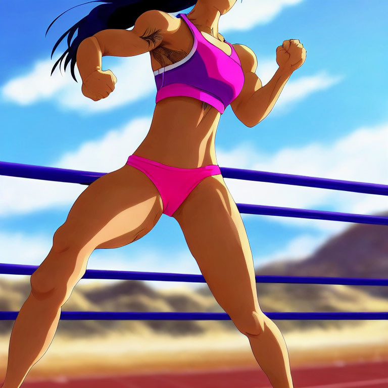 Muscular animated woman in pink sports outfit running on track