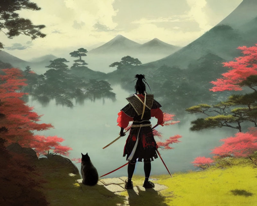 Samurai and cat overlook misty valley with pink foliage.