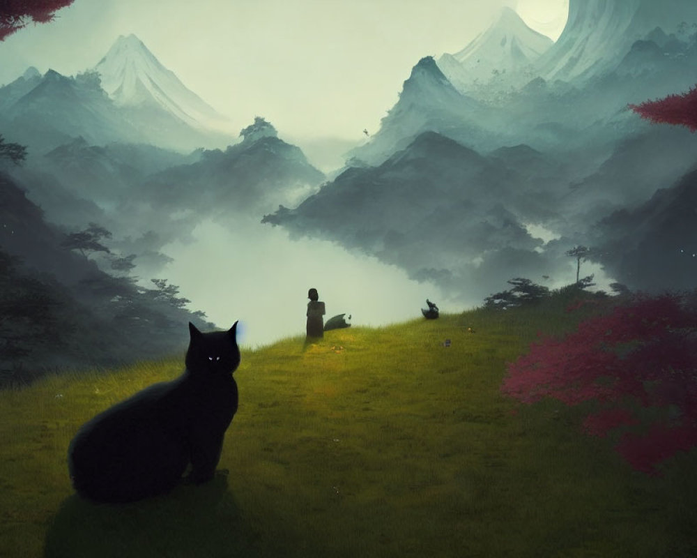 Serene landscape with black cat, figure by lake, red foliage, foggy mountains