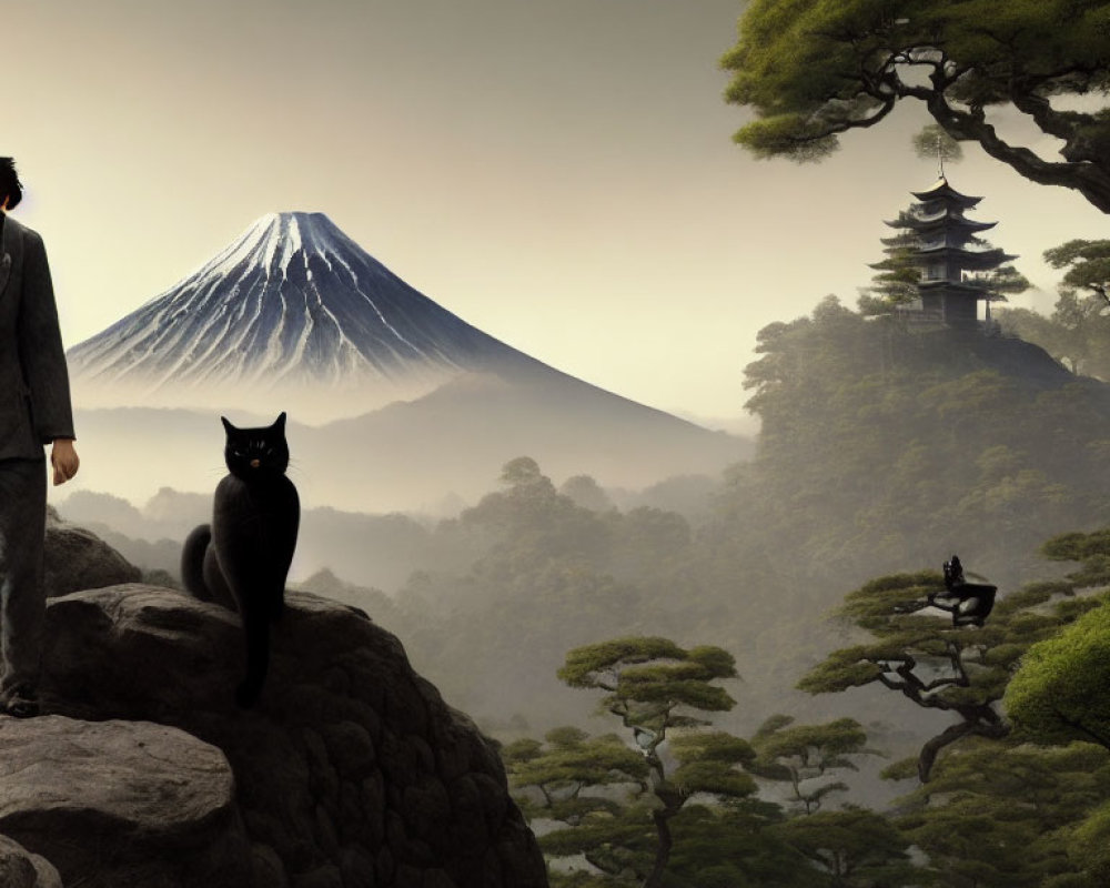 Scenic landscape with Mount Fuji, person, black cat, traditional architecture, and bonsai trees under