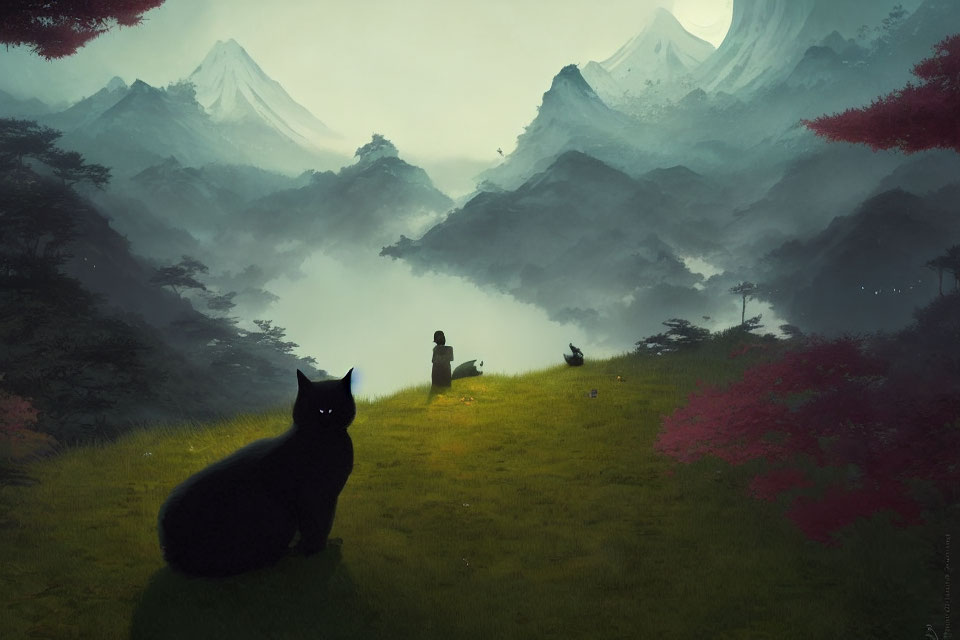 Serene landscape with black cat, figure by lake, red foliage, foggy mountains