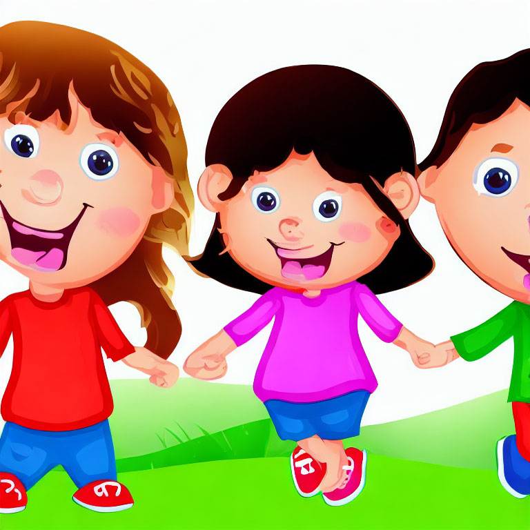 Cartoon children with big smiles on grass: boy in red, girl in pink, boy in green