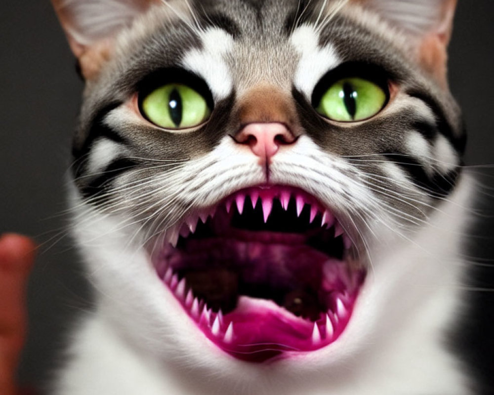 Digitally Altered Cat Image with Wide Eyes and Sharp Teeth