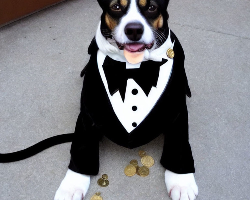 Dog in Tuxedo Costume Sitting on Pavement with Bowtie and Coins