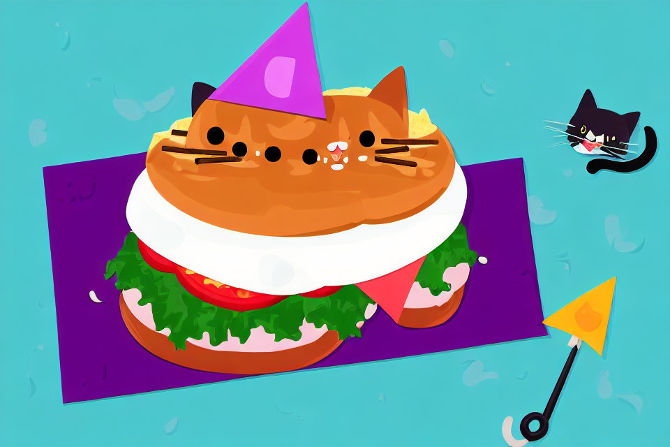 Illustration of whimsical cat with party hat, burger, fishing cat with cocktail umbrella on purple mat