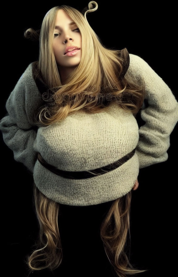 Flowing hair woman in chunky knit sweater with contorted pose