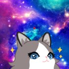Colorful Galaxy Backdrop with Wide-Eyed Cat and Pink Creature