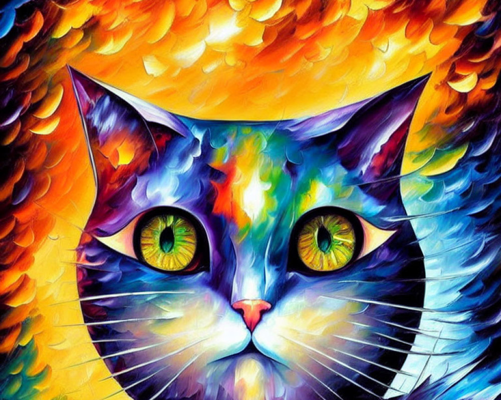 Colorful Psychedelic Cat Painting with Green Eyes on Orange Background