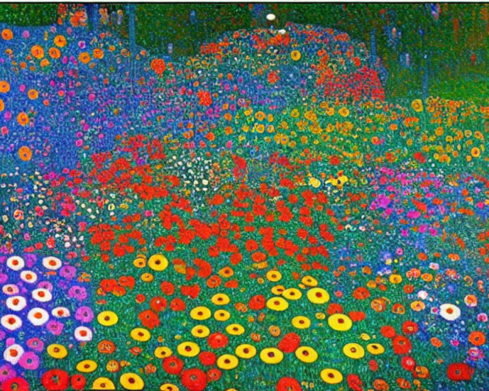Colorful Pointillist Painting of Flower Field with Red, Blue, Yellow, Purple Dots