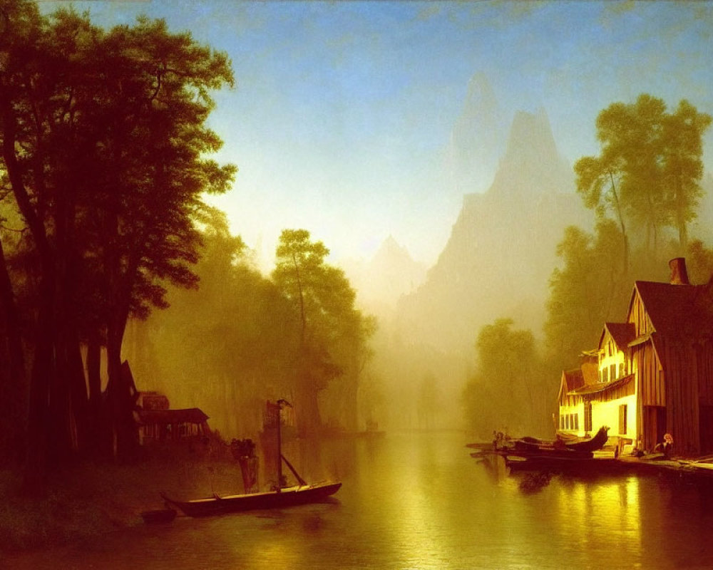 River, boats, wooden houses, trees, and misty mountains in serene landscape