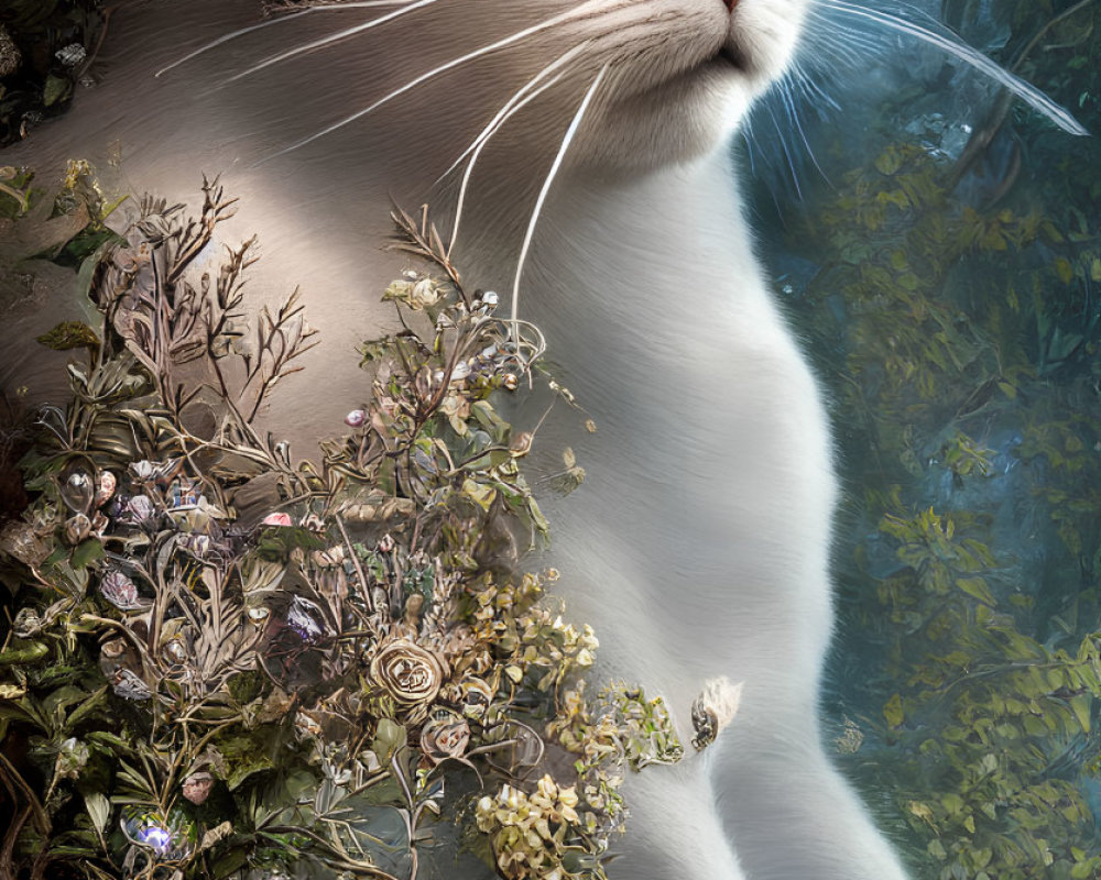 White Cat with Green Eyes Surrounded by Intricate Flora in Mystical Forest